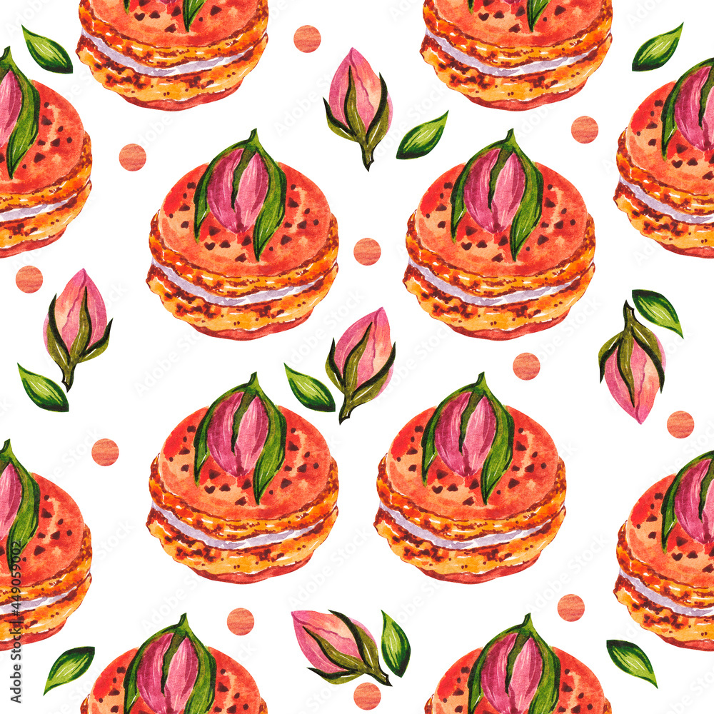 Seamless watercolor pattern with macaroons and rose buds on the white background. Seamless watercolor pattern with macaroons and rose buds on the white background.