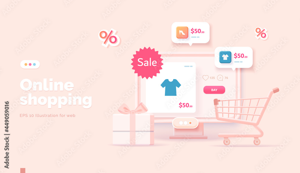 Online shopping on the website and mobile app. Conceptual illustration with online store interface, bank card, shopping bag, basket and actions with them. Web banner 3d style.