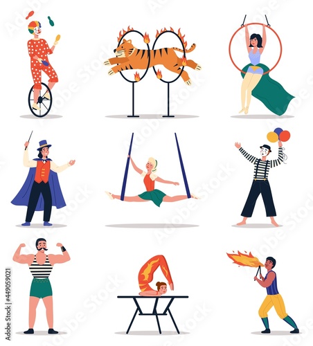 Circus artists. Funny cartoon characters, people in vintage stage costumes, retro magic show, clown unicycle juggler, magician and gymnasts. Trained tiger, mime and gymnast vector isolated set