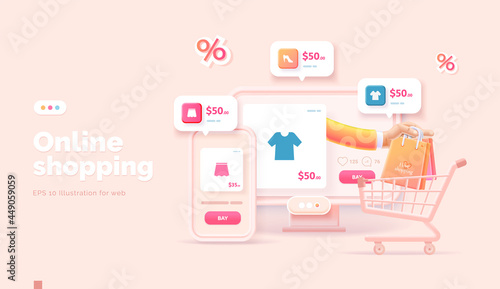 Online shopping on the website and mobile app. Conceptual illustration with online store interface, bank card, shopping bag, basket and actions with them. Web banner 3d style.