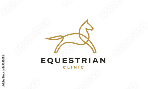 Continuous line horse logo. Black and gold vector illustration. Concept for logo. Editable stroke. Equine brand mark.