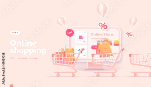 Online shopping on the website and mobile app. Conceptual illustration with online store interface, bank card, shopping bag, basket and actions with them. Web banner 3d style.