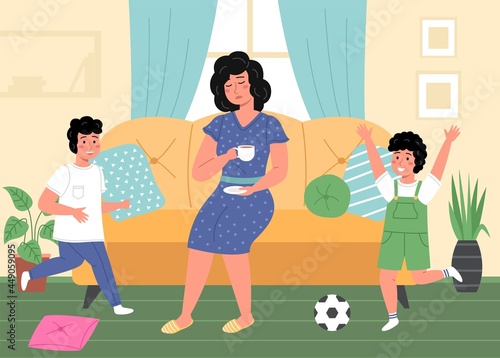 Tired woman with kids. Emotionally exhausted mother, hyperactive children in room, indoors interior, difficult parenting, family communicate. Motherhood and childhood vector cartoon concept