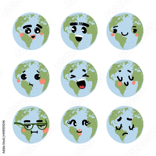 Earth emotions. Cartoon planet with funny faces. Happy or sad expressions. Environment comic smiling signs. Various ecological emoticons set. Vector laughing and surprised cute emoji