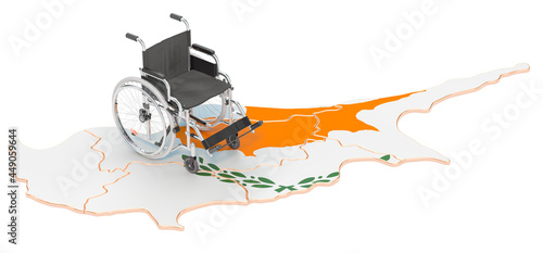 Wheelchair with Cypriot flag. Disability in Cyprus concept, 3D rendering