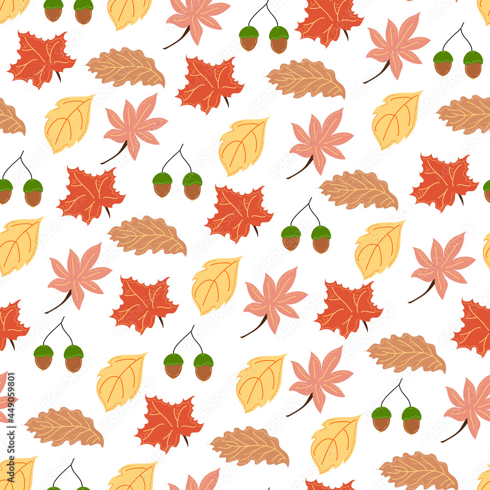 Seamless pattern with autumn maple and oak leaves and acorns. Seamless pattern with autumn maple and oak leaves and acorns.