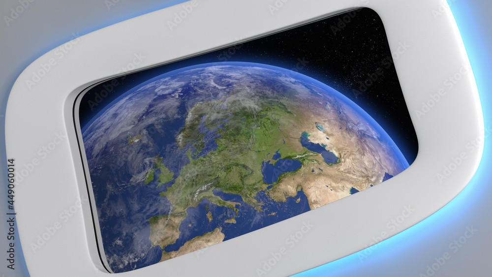 Space Tourism, View of planet Earth from a spaceship window Space Tourism, View of planet Earth from a spaceship window