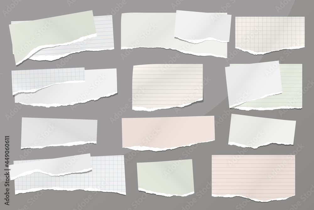 Set of torn white and colorful note, notebook paper stripes are on grey background for text, advertising or design. Vector illustration