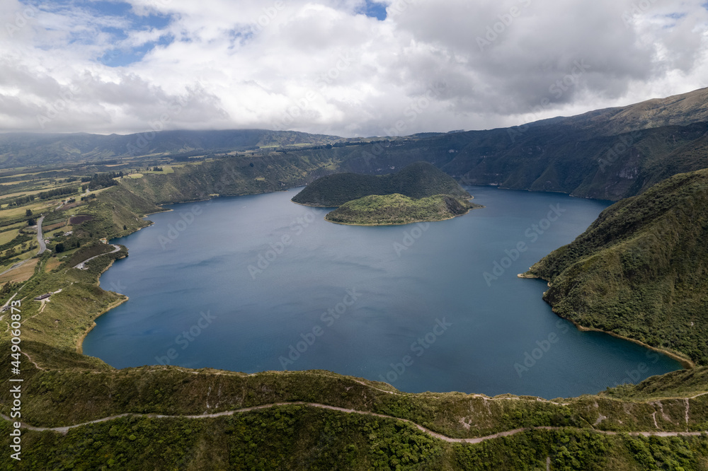 A drone shot of the crater lake (Cuicocha) in Cotacachi Volcano