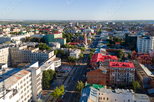Aerial view of Samara city with Volga river in the sunset, urban cityscape