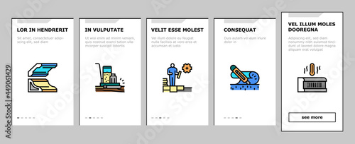 Floor Installation Onboarding Mobile App Page Screen Vector. Carpenter Covering And Floor Heating Electronic System, Plastic And Wood Parquet Layer, Ceramic And Stone Illustrations