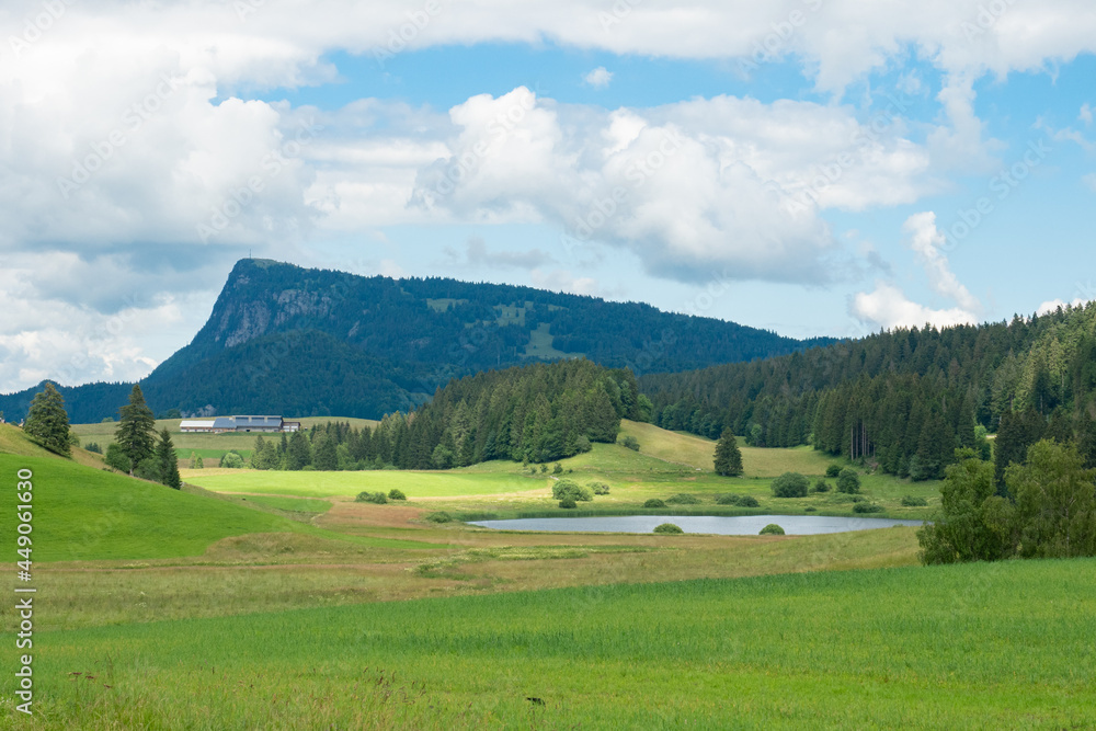 Beautiful landscape in the Jura mountains in Switzerland, with grassland, a small lake and a summit