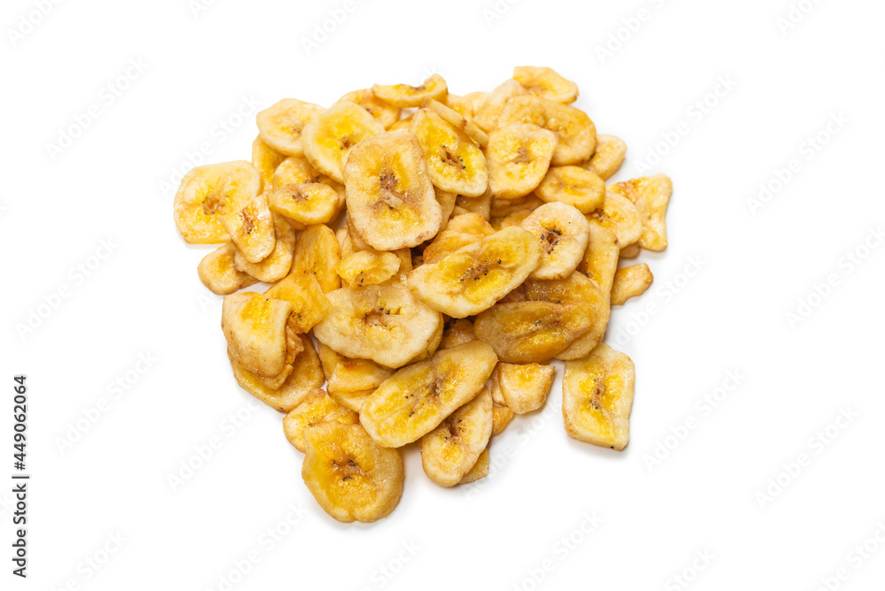 Banana chips isolated on a white background. Dehydrated banana. Banana chips isolated on a white background. Dehydrated banana.