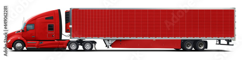 A large modern American truck in all red color. Side view isolated on white background.