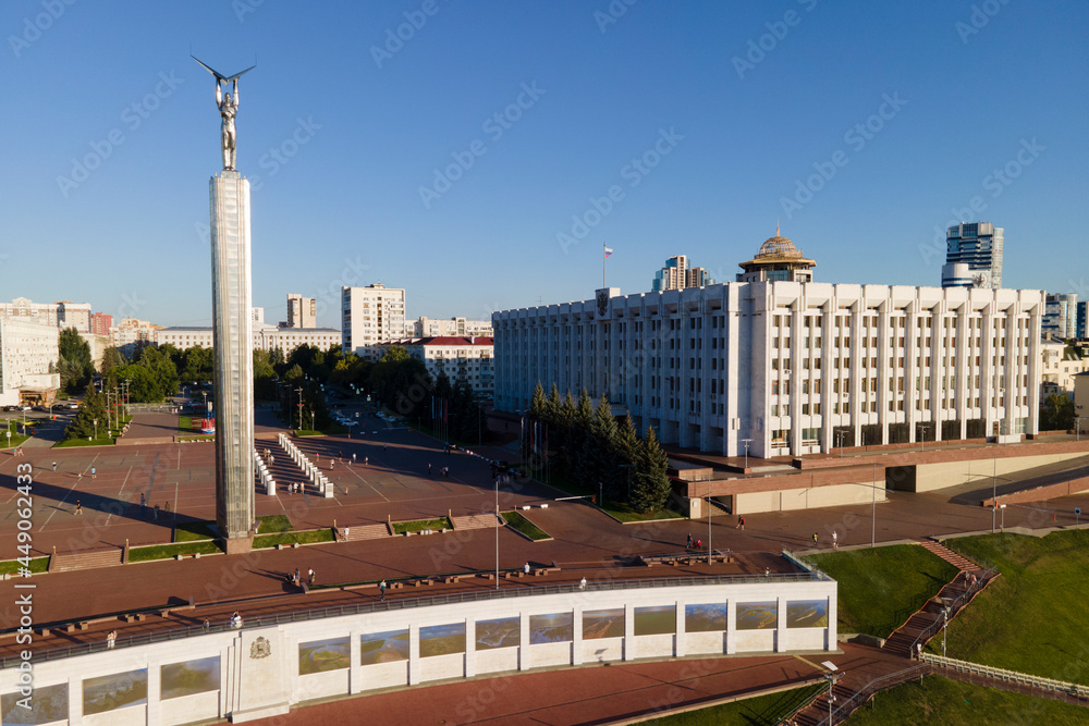 Aerial view of metal huge monument of glory in Samara city