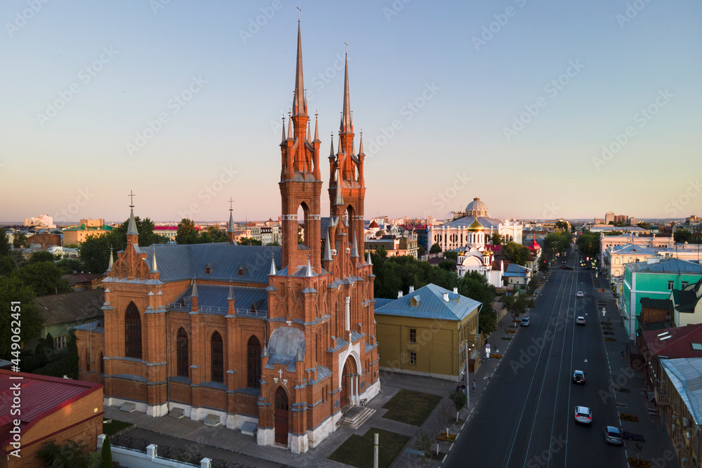 Fototapeta premium Aerial view of beautiful catholic church in Samata city in gothic style