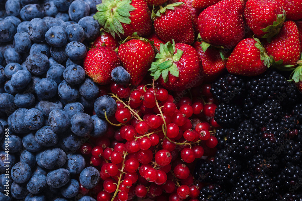 Blackberry, raspberry, blueberry, red currant and mint background. Blackberry, raspberry, blueberry, red currant and mint background.