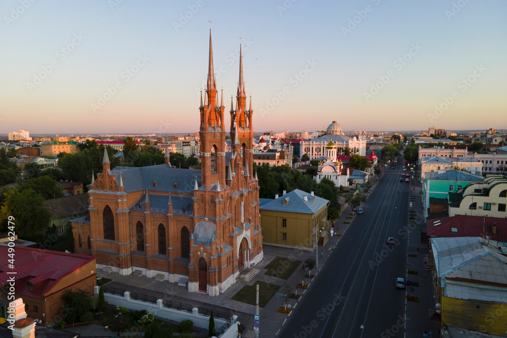 Aerial view of beautiful catholic church in Samata city in gothic style