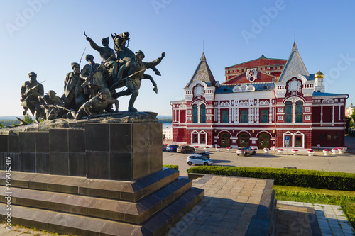 Aerial view of drama theatre witn Chapaev monument in Samara