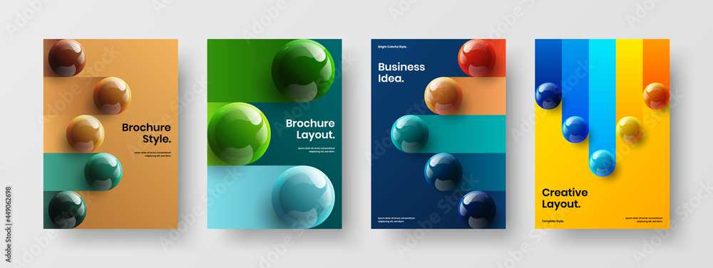 Clean poster vector design template collection. Amazing 3D balls journal cover concept set.