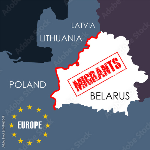 Illegal peace of citizens to Europe through Belarus. Refugees. Aggression and severance of relations between Lukashenko and the EU. Design for a newspaper or magazine article. Vector illustration