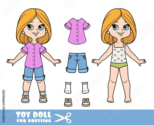 Cartoon girl with bob hairstyle in underwear ,dressed and clothes separately - pink tunic ,denim shorts and sneakers doll for dressing
