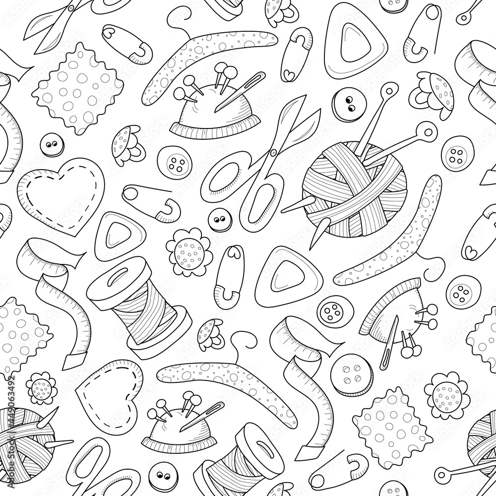 Sewing accessories seamless vector pattern. For design, wrapping paper and wallpaper. Black and white sewing accessories pattern. Vector illustration. Hand-drawn. Flat design.