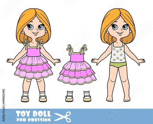 Cartoon girl with bob hairstyle in underwear ,dressed and clothes separately - pink three-tiered sundress, beige sandals doll for dressing