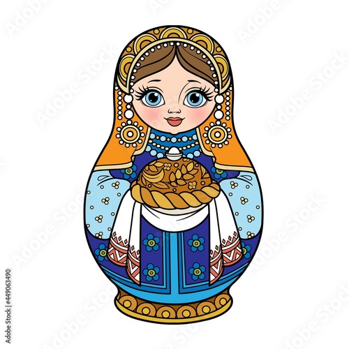 Russian traditional nest doll Matrioshka with loaf with salt blue and orange color variation for coloring page isolated on white background
