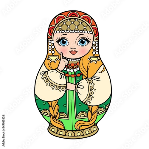 Russian traditional nest doll Matrioshka in a smart kokoshnik red and green color variation for coloring page isolated on white background