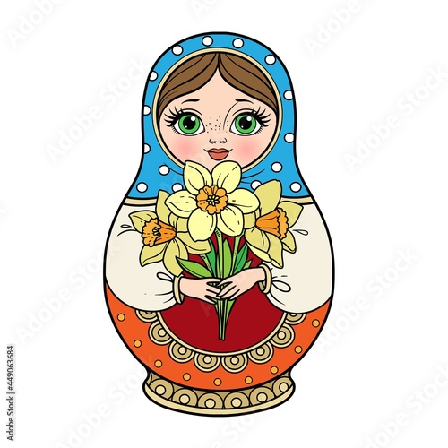 Russian traditional nest doll Matrioshka with a bouquet of daffodils in hand blue and red color variation for coloring page isolated on white background