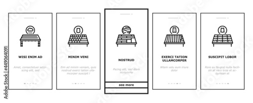 Roof Replacement Job Onboarding Mobile App Page Screen Vector. Metal And Wooden Roof Replacement, Installation Solar Panel And Skylight, Ventilation And Renovation Illustrations