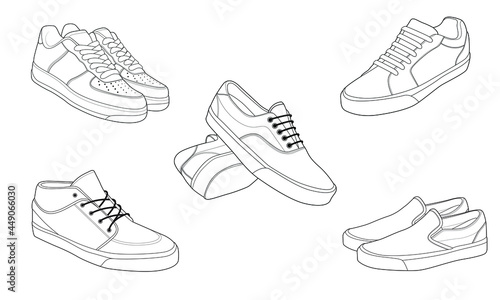 set of 5 outline Cool Sneakers. Shoes sneaker outline drawing vector, Sneakers drawn in a sketch style, sneaker trainers template outline, Set Collection. vector Illustration.