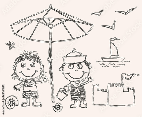 Vector outline drawing of cheerful kids on beach vacation
