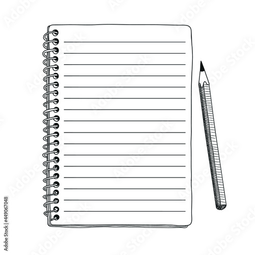 Open notebook with a spiral and a simple pencil. Close-up from above. Quick hand sketch.