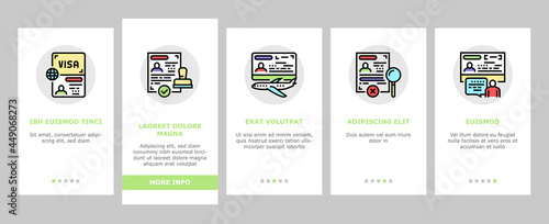 Visa For Traveling Onboarding Mobile App Page Screen Vector. Business And Transit Visa, Permitting Document For Business Trip And Vacation, Political And Marriage Illustrations