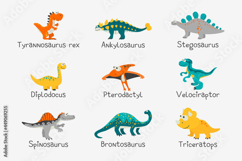Vector Cute and Funny Flat Dinosaurs with Titles - T-rex, Stegosaurus, Velociraptor, Pterodactyl, Brachiosaurus, Ankylosaurus, Diplodocus, Spinosaurus, Brontosaurus, Triceratops. Dinosaur Set Isolated