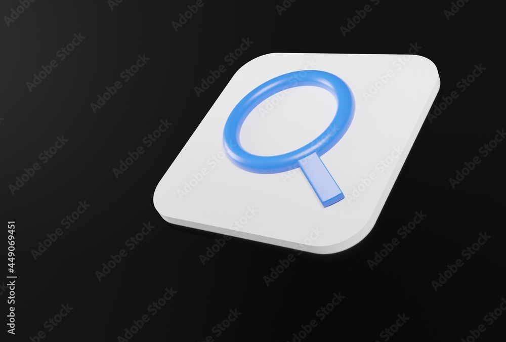 3D magnifying glass, blue search icon on black background 3D magnifying glass, blue search icon on black background