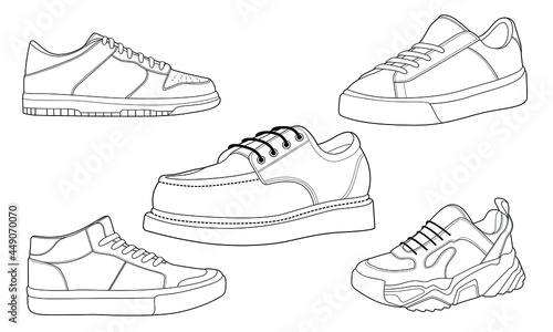 set of 5 outline Cool Sneakers. Shoes sneaker outline drawing vector, Sneakers drawn in a sketch style, sneaker trainers template outline, Set Collection. vector Illustration.