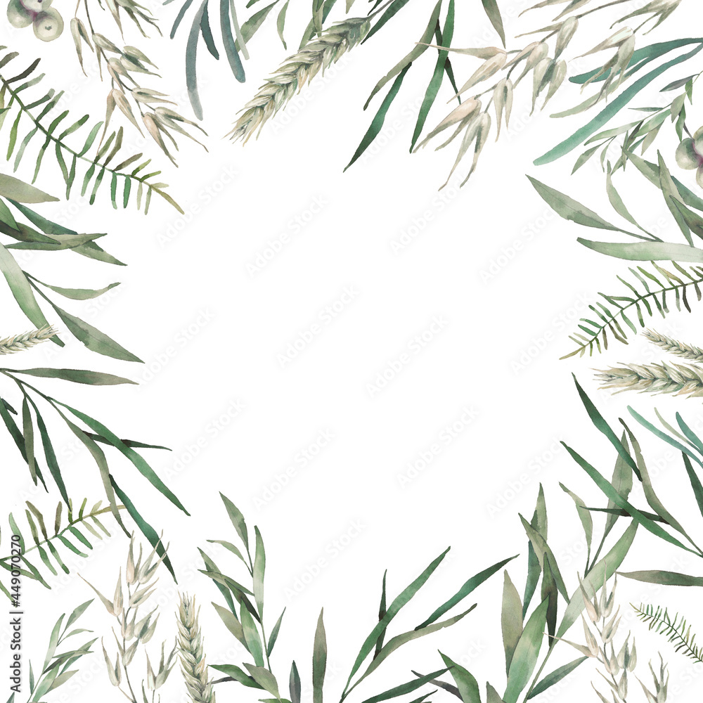 Fototapeta premium Round floral frame. Watercolor greeting card design with green leaves and branches isolated on white background. Eucalyptus, fern plants illustration