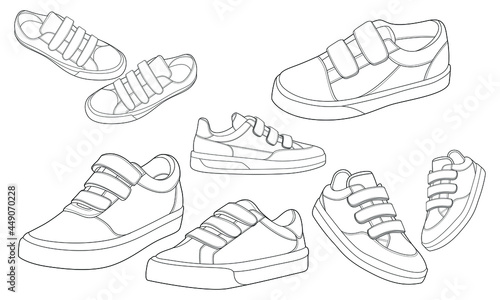 set of 6 outline Cool Sneakers. Shoes sneaker outline drawing vector, Sneakers drawn in a sketch style, sneaker trainers template outline, Set Collection. vector Illustration.
