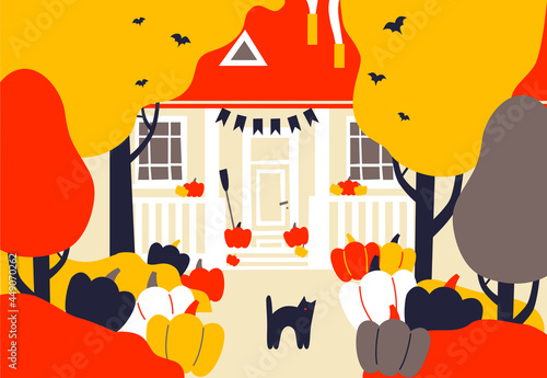 Happy Halloween vector illustration. House, pumpkin, bats, decorate for Halloween home backyard and autumn landscape on background. Stylized autumn forest and mysterious house on background.