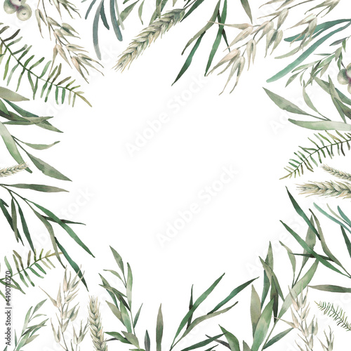 Round floral frame. Watercolor greeting card design with green leaves and branches isolated on white background. Eucalyptus, fern plants illustration © ldinka