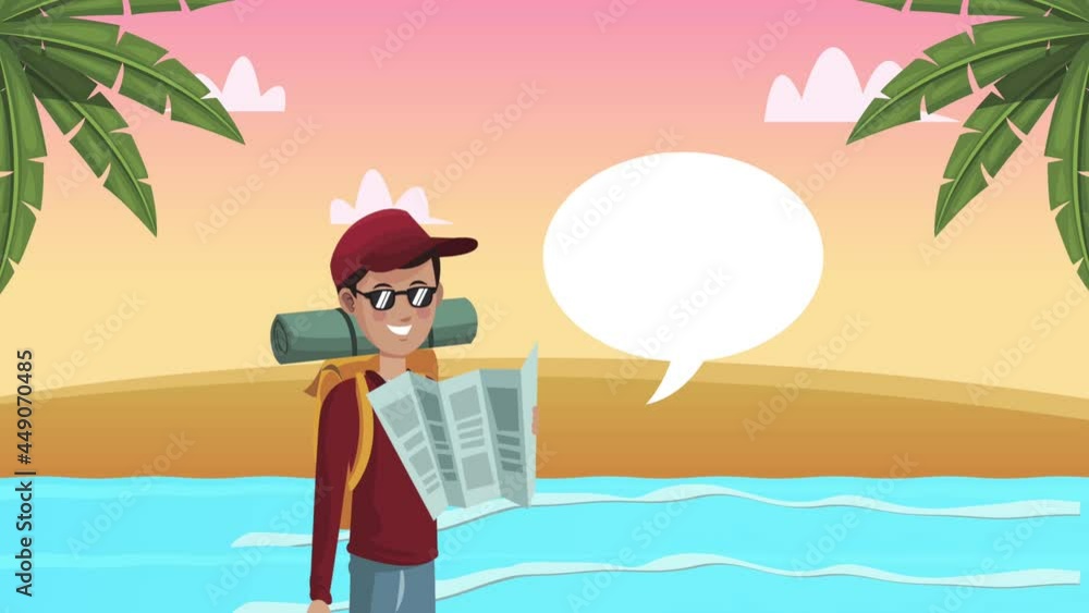 male tourist character with paper map on the beach male tourist character with paper map on the beach