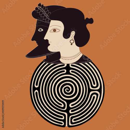 Two heads of ancient Greek man and woman on top of a round spiral maze or labyrinth symbol. Antique couple. Creative concept. Theseus or Dionysus and Ariadne.