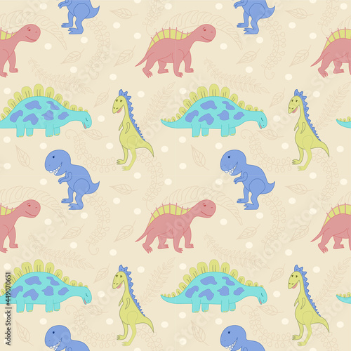 Seamless vector pattern with cartoon dinosaurs and leaves. Cute hand-drawn dinosaurs. Pattern for baby bedding  wrapping paper
