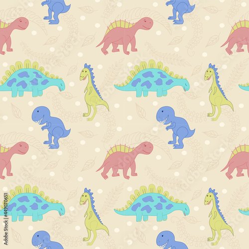 Seamless vector pattern with cartoon dinosaurs and leaves. Cute hand-drawn dinosaurs. Pattern for baby bedding, wrapping paper