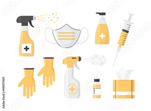 Disinfection and vaccination. PPE personal protective equipment. Hand hygiene. Syringe and medical bottle with vaccine. Health illustration