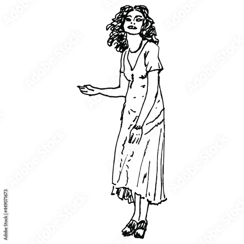 Standing funny disheveled young woman with loose curvy hair. Pointing gesture. Female portrait. Hand drawn linear doodle rough sketch. Black ink silhouette on white background.