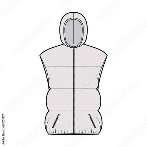 Down vest puffer waistcoat technical fashion illustration with hoody collar, zip-up closure, pockets, hip length, wide quilting. Flat template front grey color style. Women, men, unisex top CAD mockup